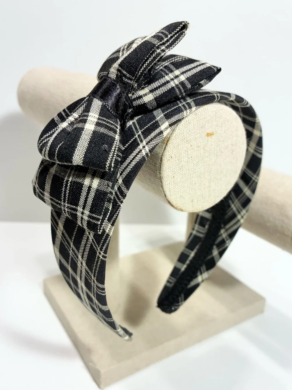 Plaid Double Bow Wide Headband Black & Ivory
